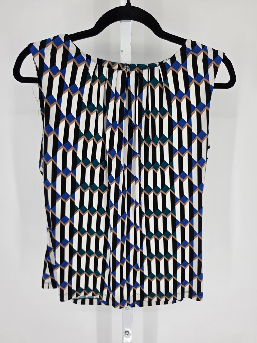 Calvin Klein Womens Sz M Sleeveless Blouse Black Blue Geometric Print